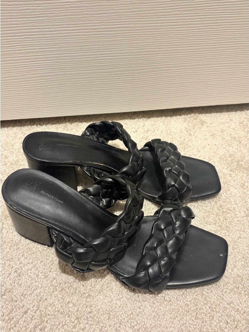 Time and Tru Braided Strap Black Block Heel Sandals